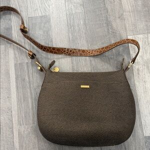 Eric Javits Dark Brown Woven Crossbody with Leather Strap
